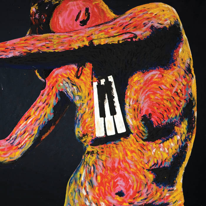 image shows a colourfully painted feminine figure dancing with a set of piano keys around their neck