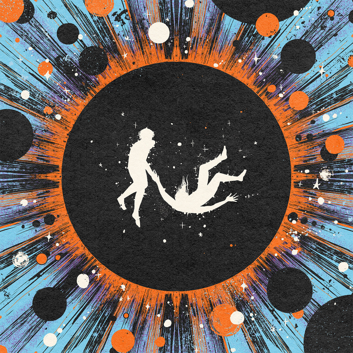 Two characters in white silhouette frolic or tumble against a constellation backdrop.